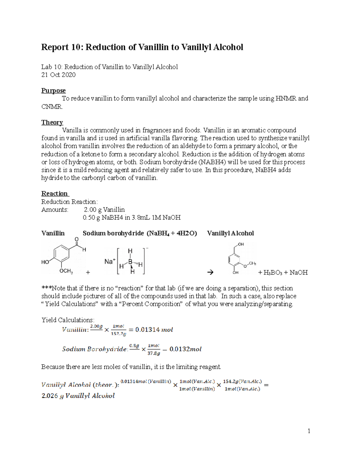 Chem253 Report 10 Vanillin Report 10 Reduction of Vanillin to