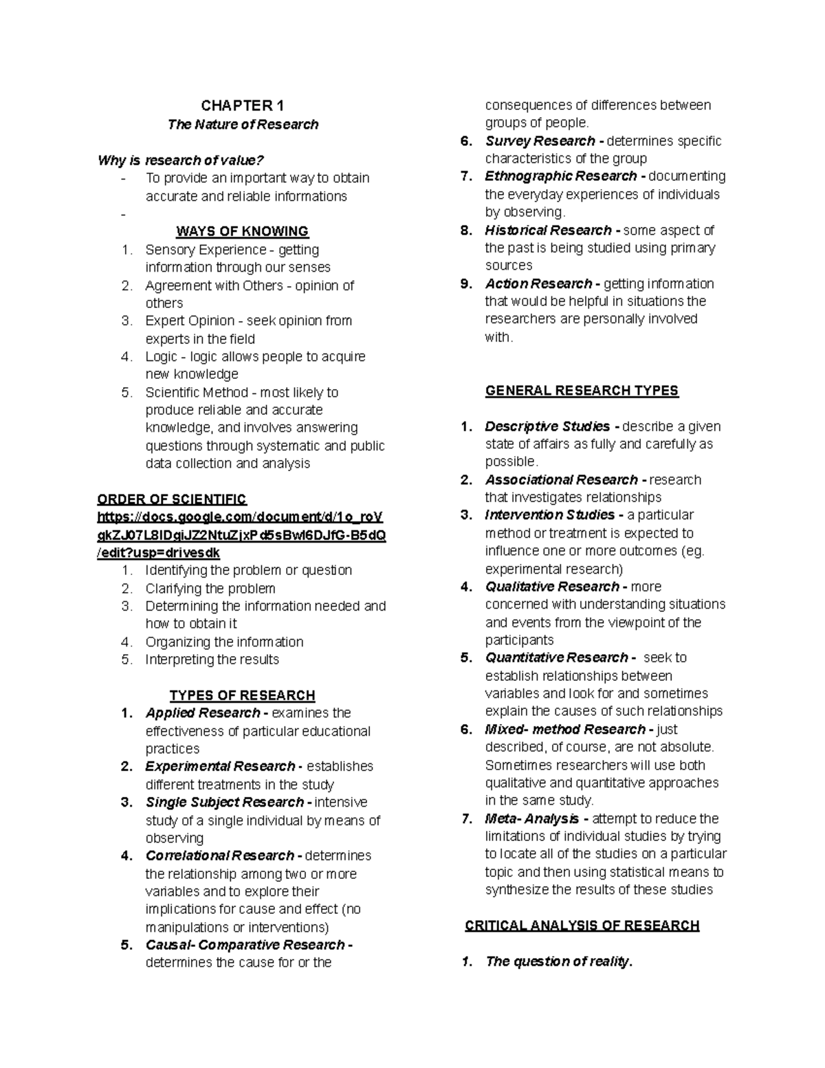 PSYCH Research Notes - CHAPTER 1 The Nature of Research Why is research ...