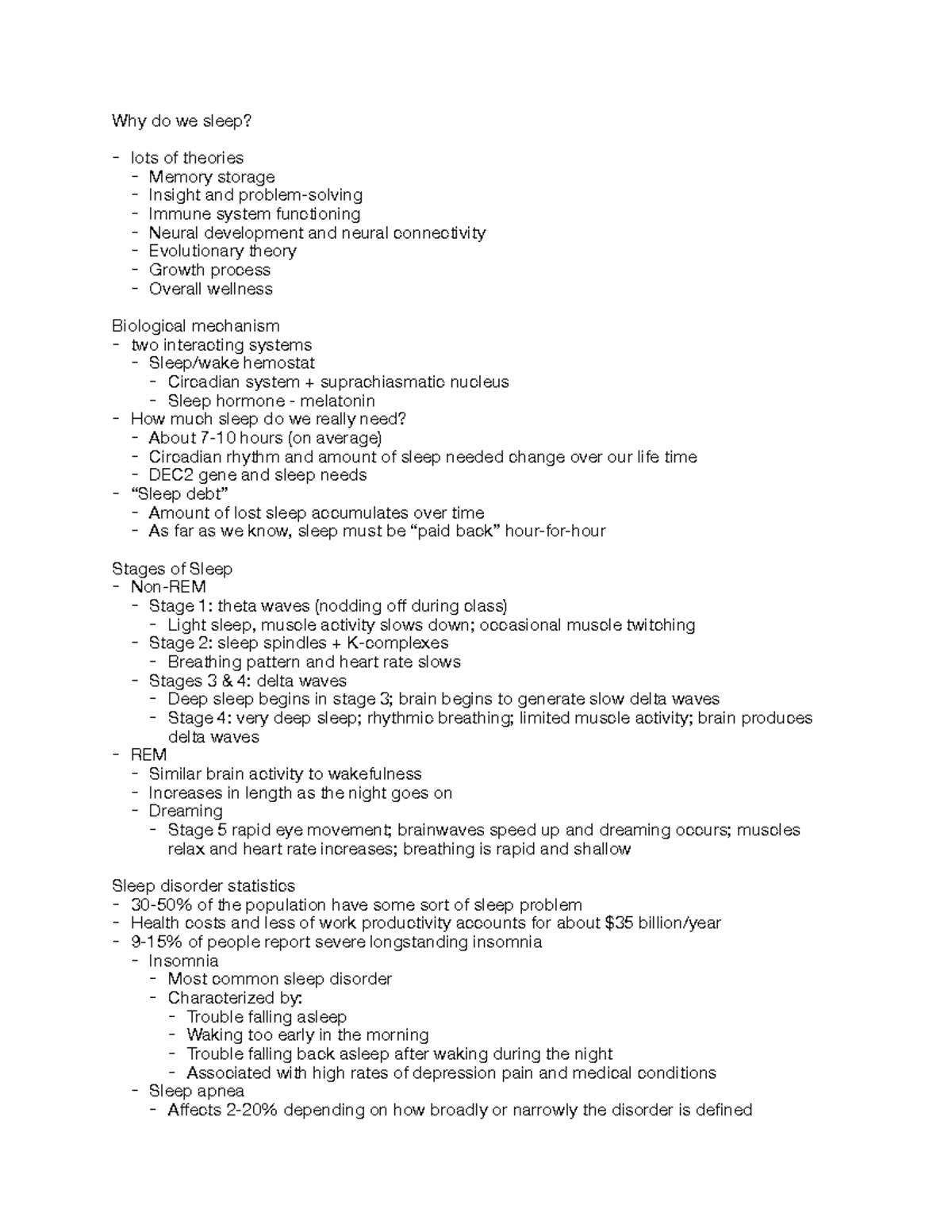 Sleep - Lecture notes 9 - Why do we sleep? - lots of theories - Memory ...
