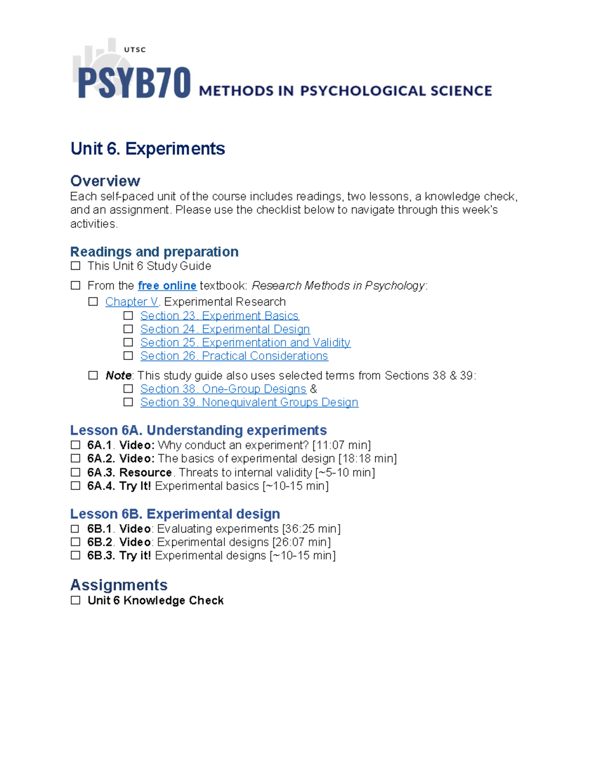 Unit 6 Study Guide - Unit 6. Experiments Overview Each self-paced unit ...