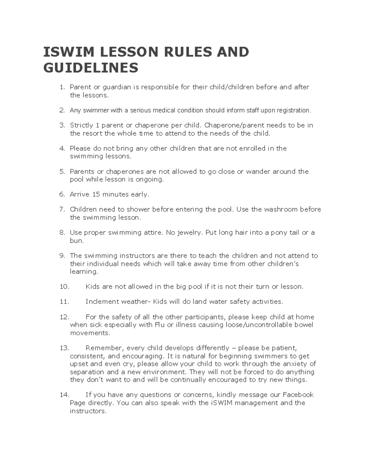 I SWIM Lesson Rules AND Guidelines ISWIM LESSON RULES AND GUIDELINES