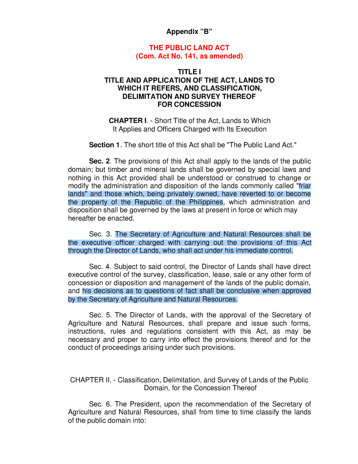 Ca-141 - Law Reference - Appendix ”B” THE PUBLIC LAND ACT (Com. Act No ...