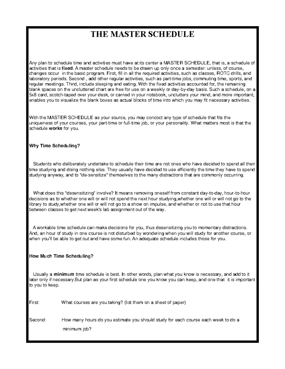 Master Schedule I Week 10 THE MASTER SCHEDULE Any Plan To Schedule