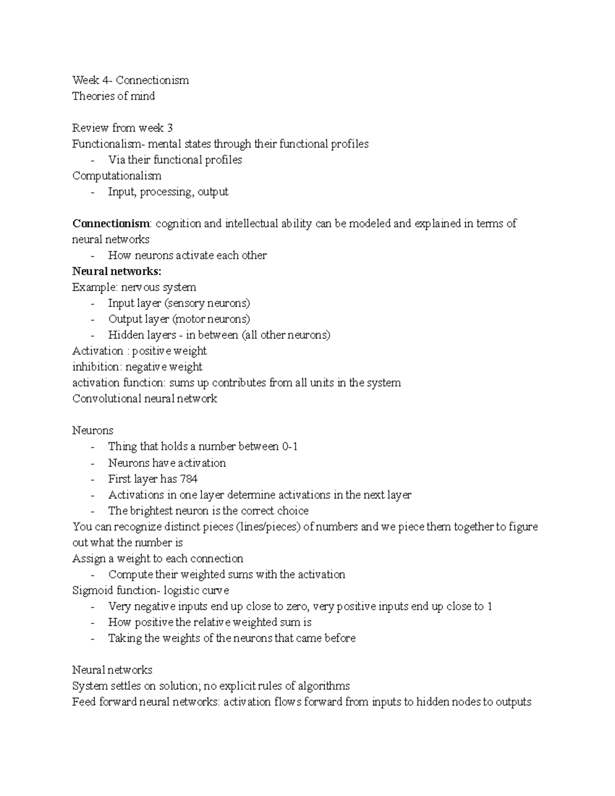 Week 4 notes - Week 4- Connectionism Theories of mind Review from week ...