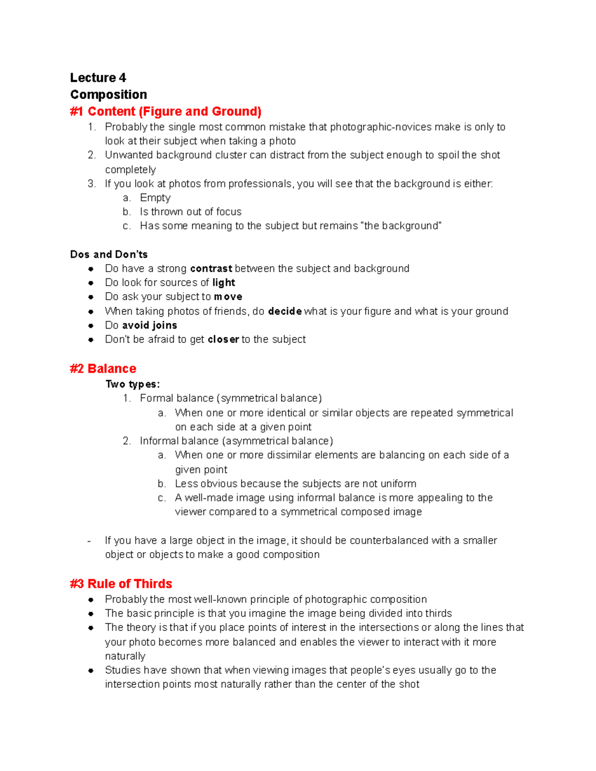 Photography Final Exam Lecture 4 Composition 1 Content (Figure and