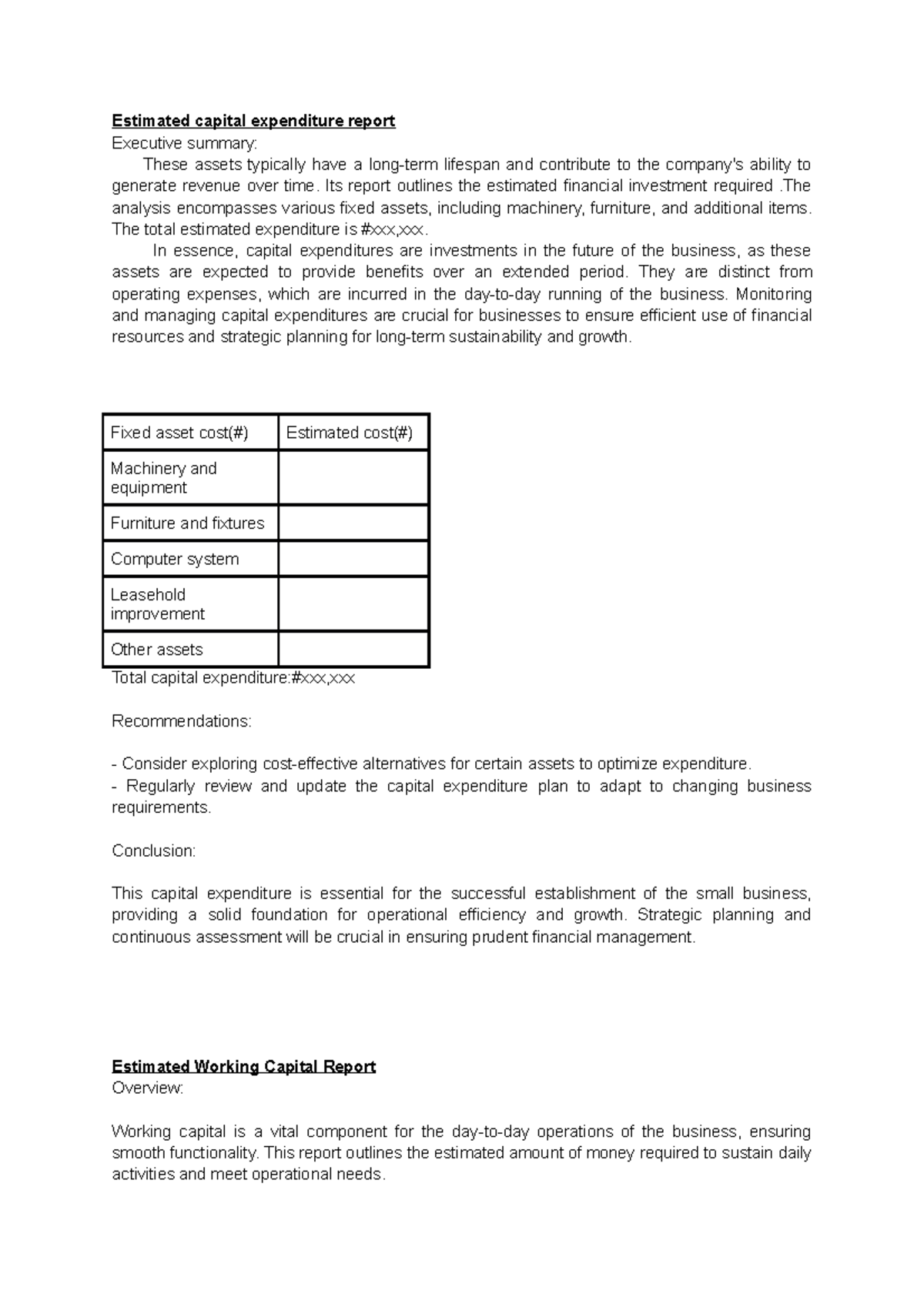 Estimated capital expenditure report - Estimated capital expenditure ...