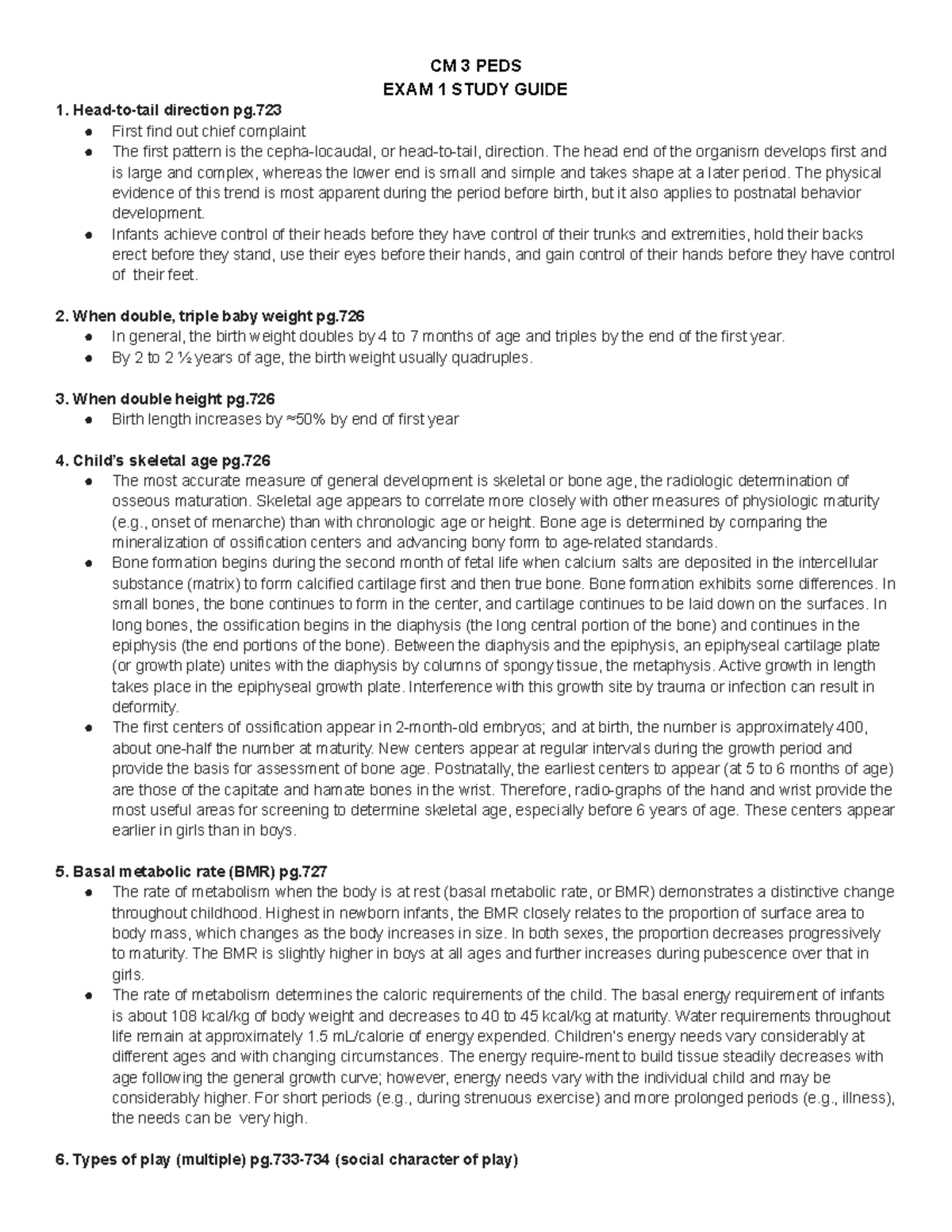 PEDS EXAM 1 - exam study guide - EXAM 1 STUDY GUIDE Head-to-tail ...