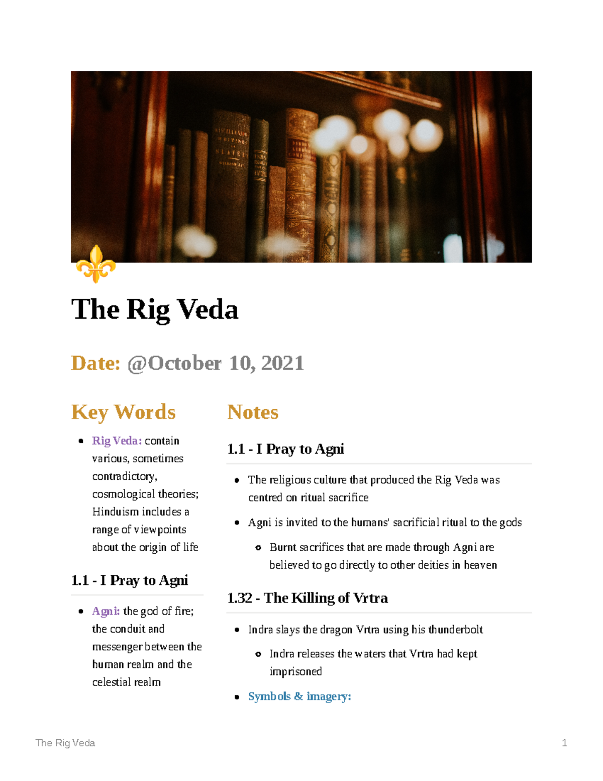 The Rig Veda - Lecture Notes for semester 1 - ⚜ The Rig Veda Date: Key ...