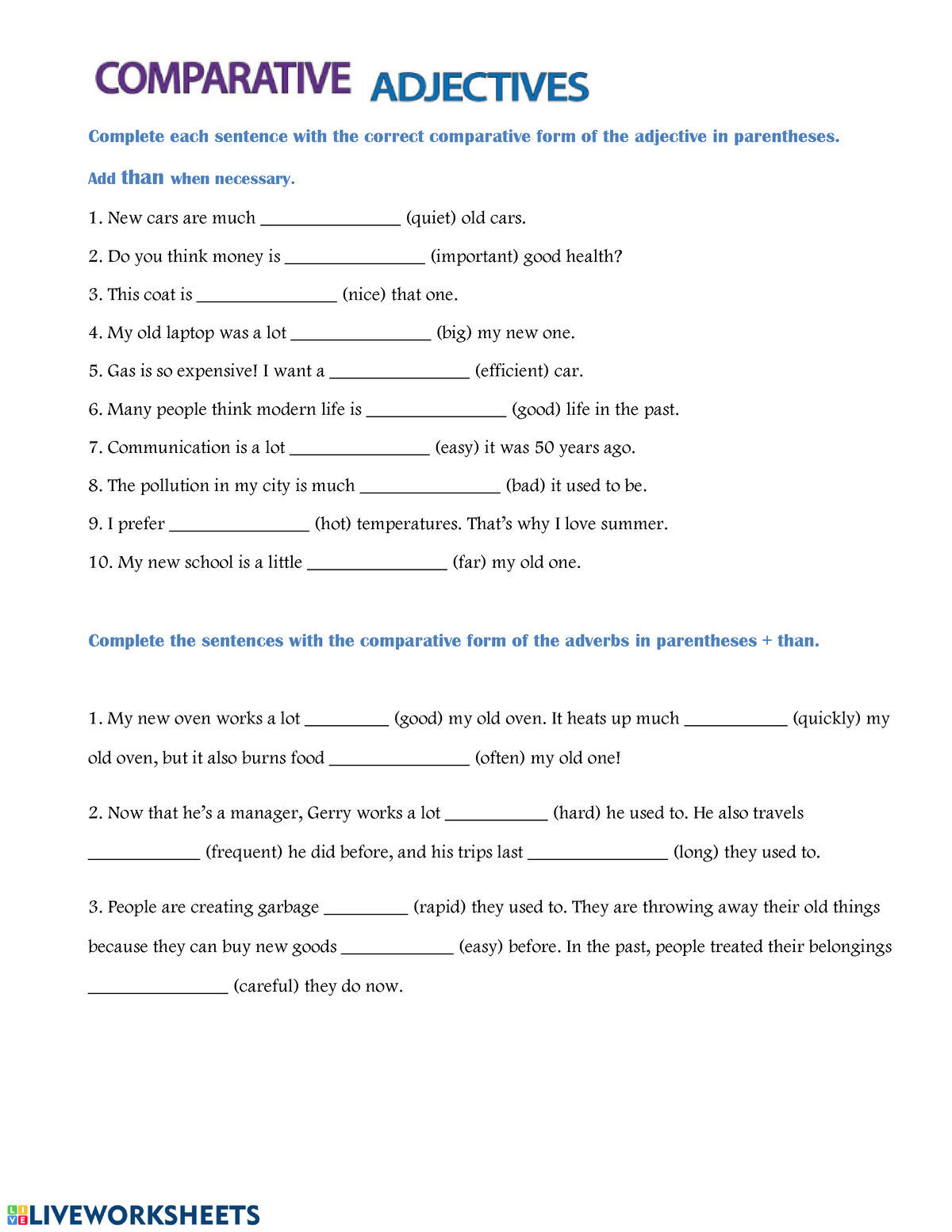 Degree of comparison adjective worksheet 2 - Complete each sentence ...