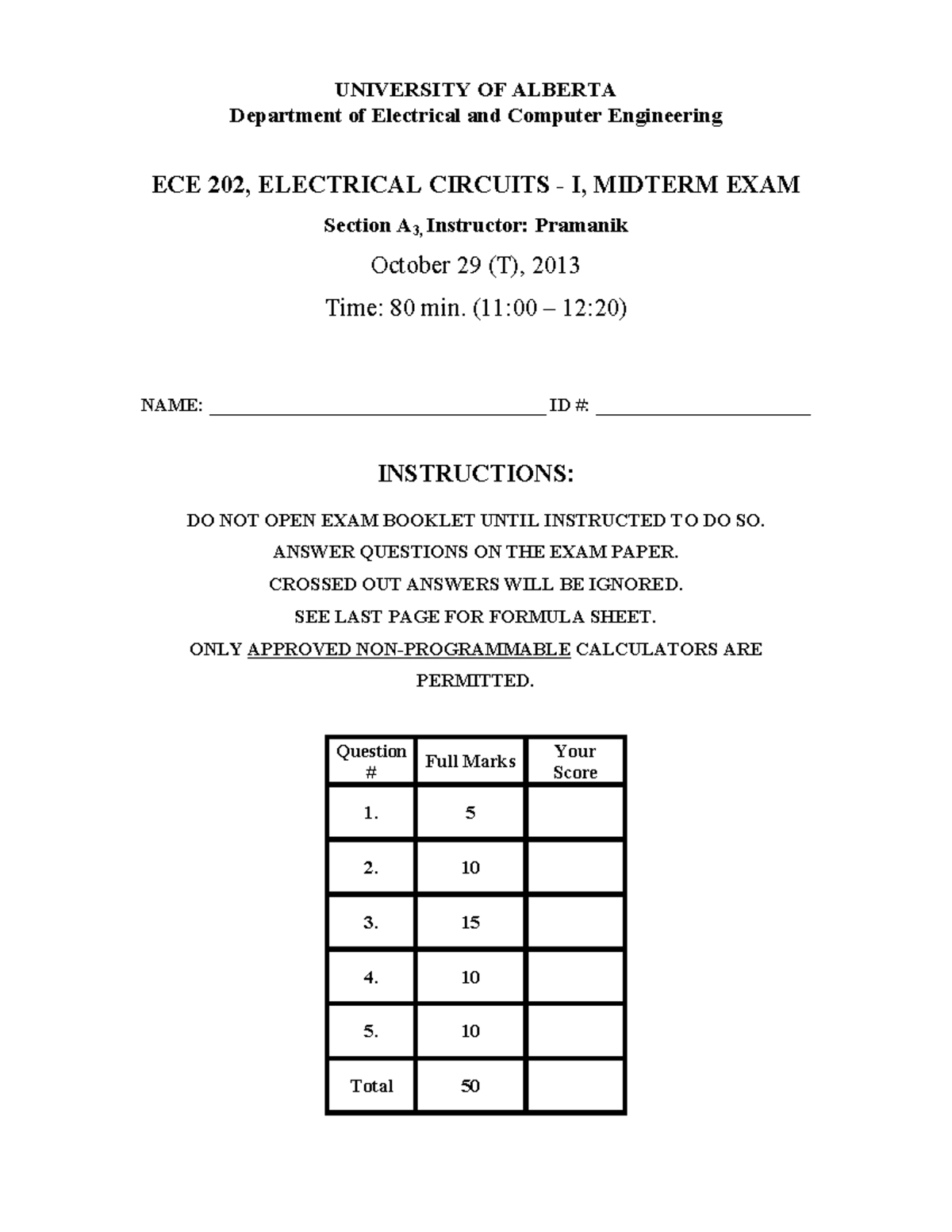 Midterm ECE 202 addsf UNIVERSITY OF ALBERTA Department of