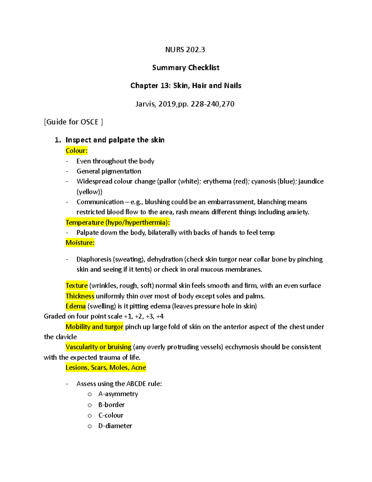 Jarvis Chapter 13 Skin Hair Nails - NURS 202. Summary Checklist Chapter ...