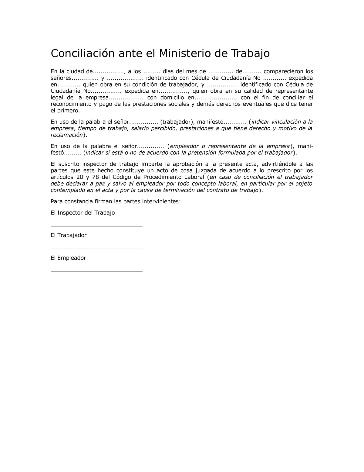 Modelo de conciliación laboral ante Ministerio - Conciliación ante el  Ministerio de Trabajo En la - Studocu