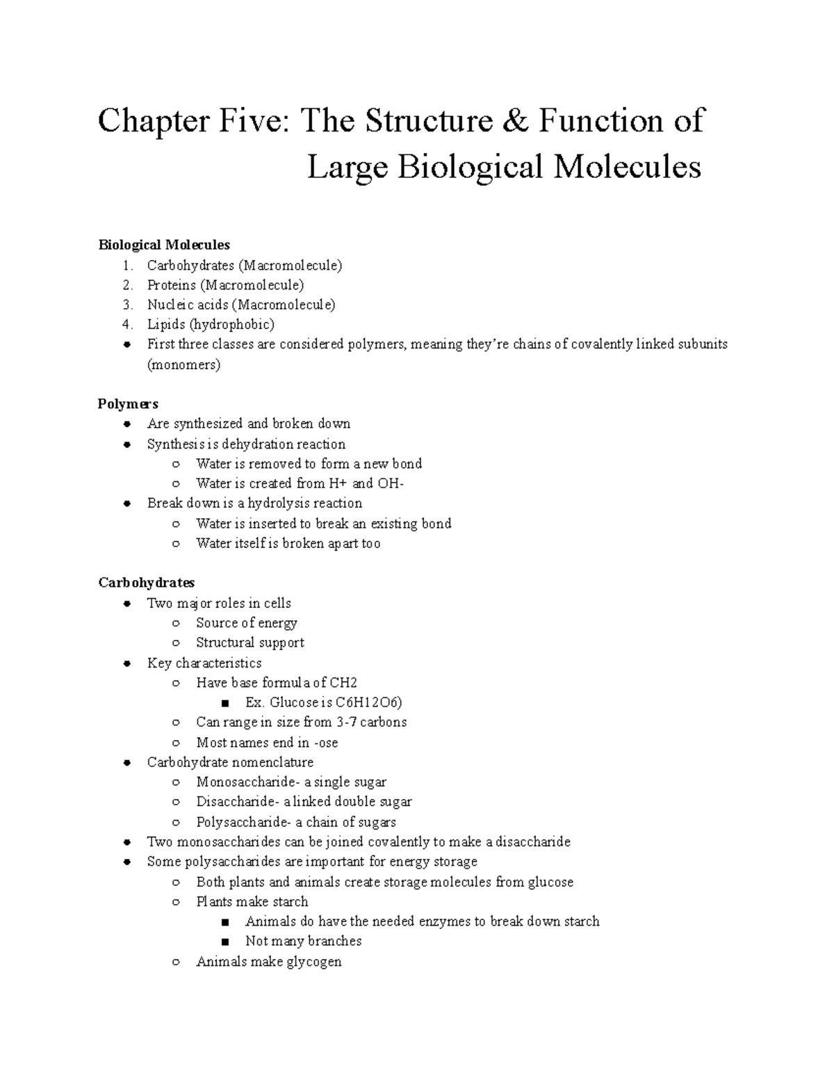 BI 211 Chapter 5 Notes The structure and function of large biological
