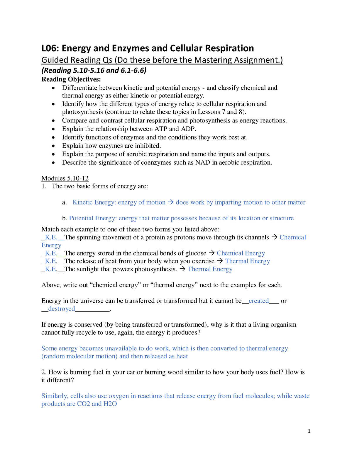 Lesson 6 Grqs Energy And Enzymes And Cellular Respiration L06 Energy And Enzymes And Cellular