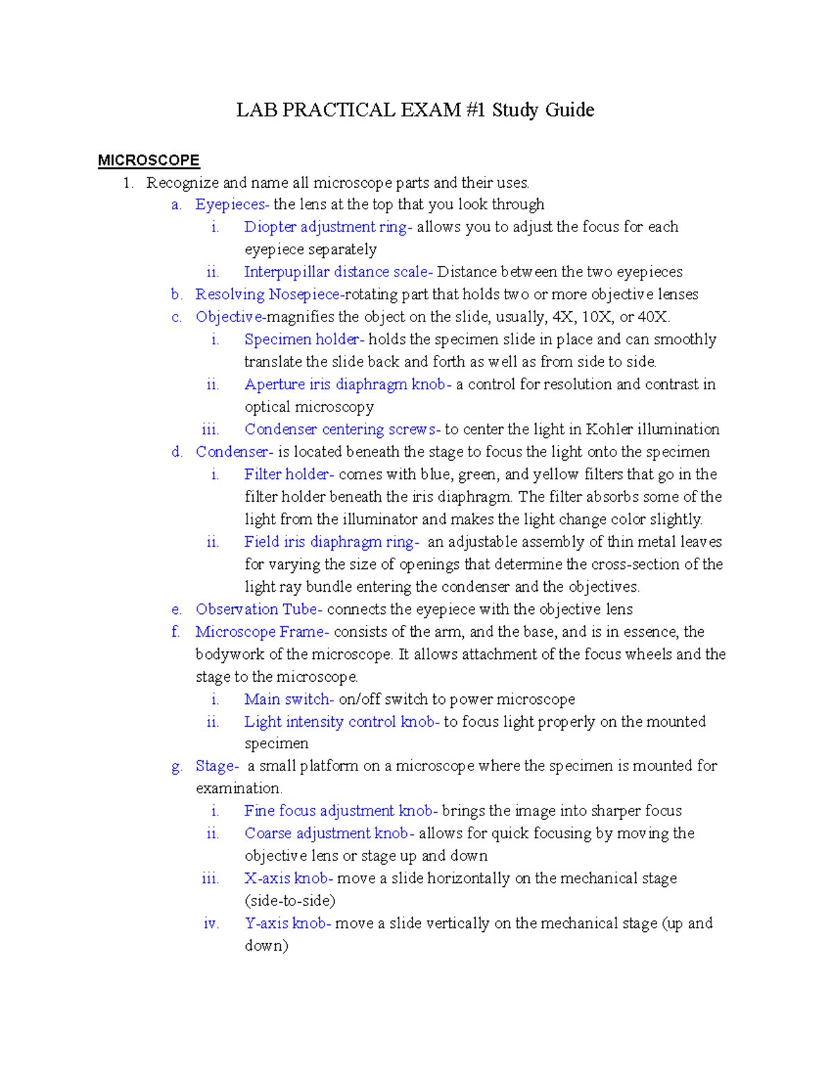 LAB Practical EXAM #1 Study Guide - LAB PRACTICAL EXAM #1 Study Guide