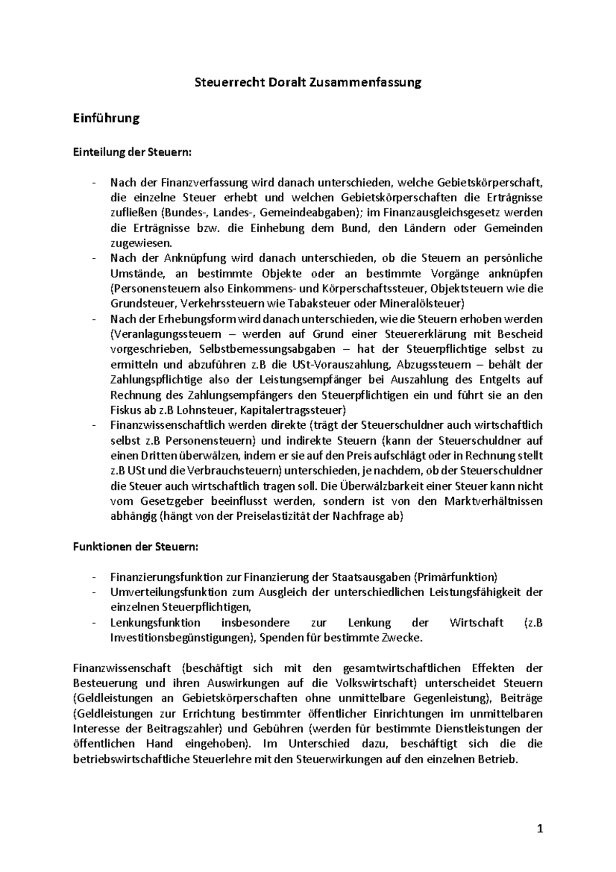 Zusammenfassung Doralt - Steuerrecht Doralt Zusammenfassung Einführung ...
