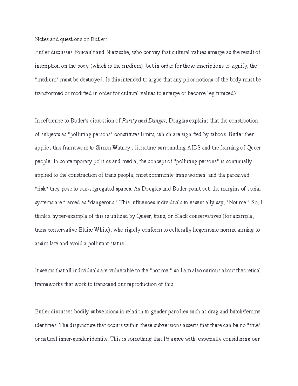 Notes on Butler - Notes and questions on Butler: Butler discusses ...