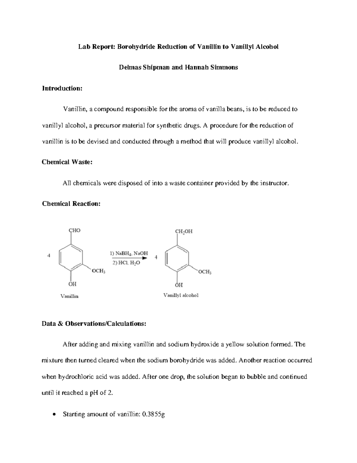 Lab Report Borohydride Reduction of Vanillin to Vanillyl Alcohol - A ...