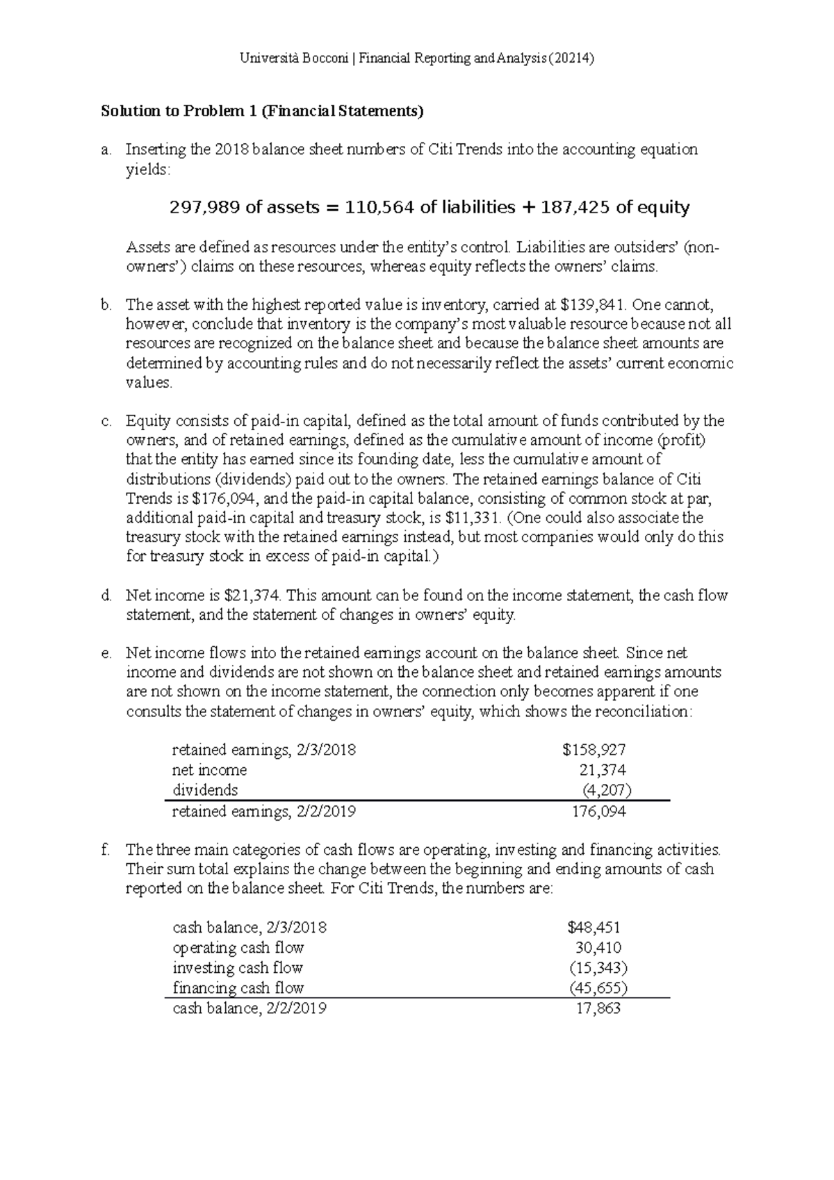 20214 Practice solution 1 - Solution to Problem 1 (Financial Statements ...