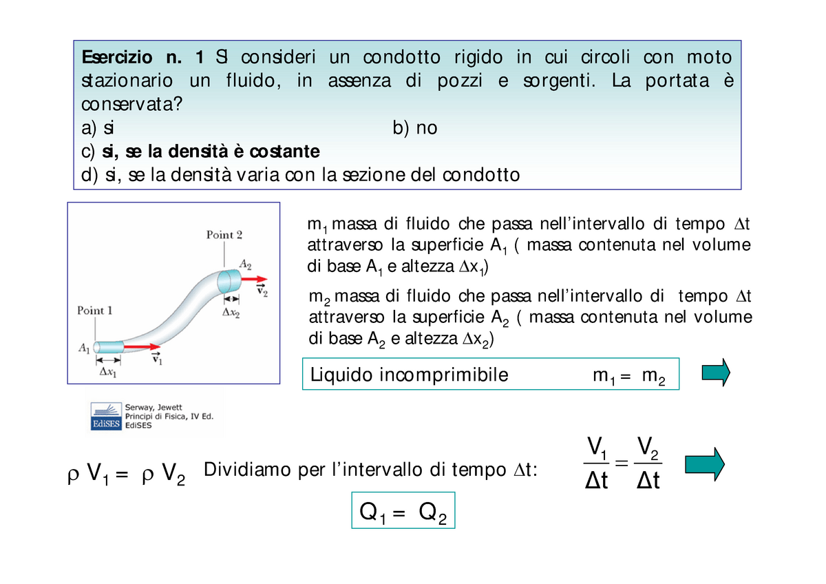 Esercitazione 1 Esercizi Su Idrodinamica Con Soluzioni Fisica I A A 14 Studocu