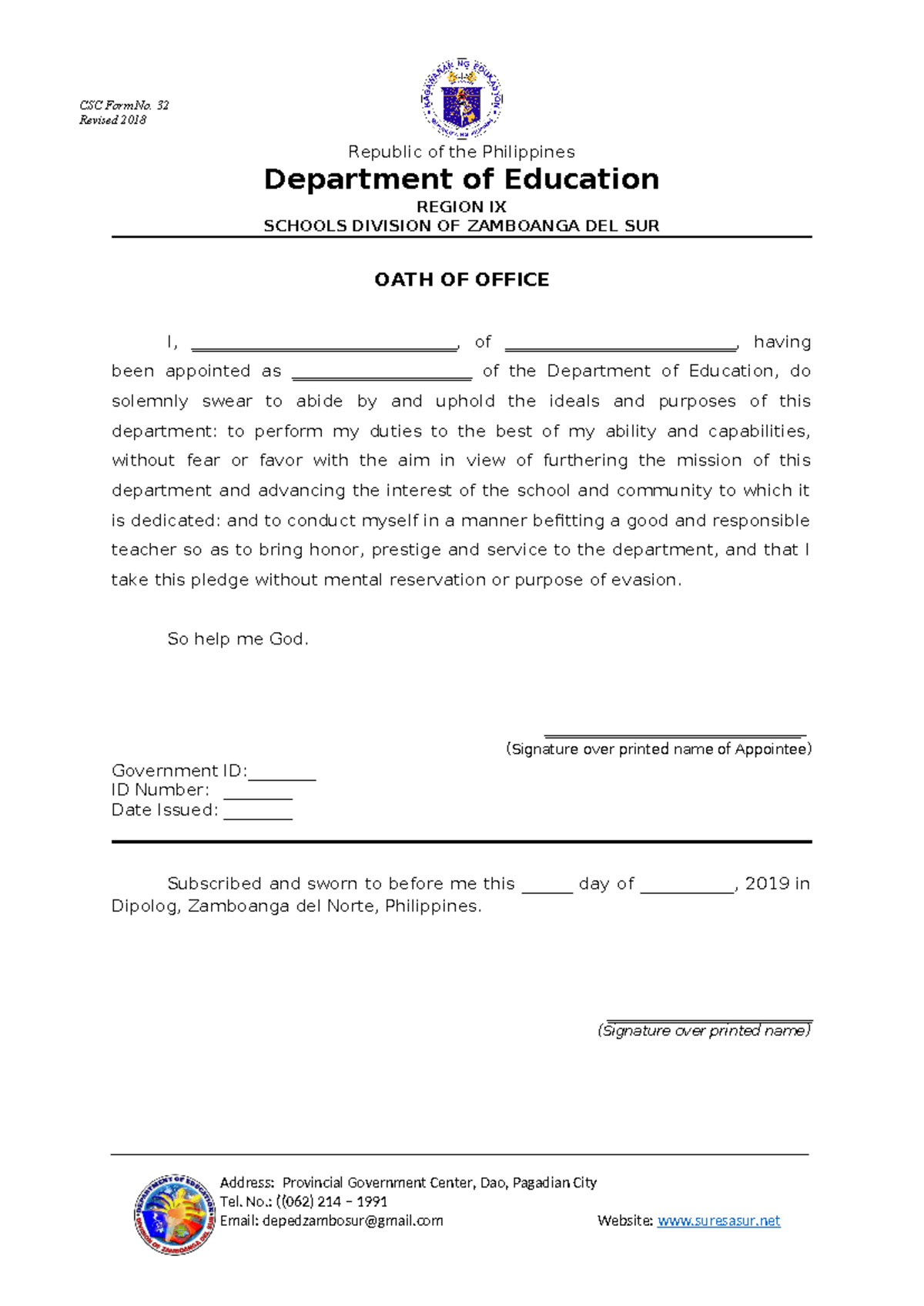 Oath of Office Form No for hired teacher CSC Form No. 32 Revised