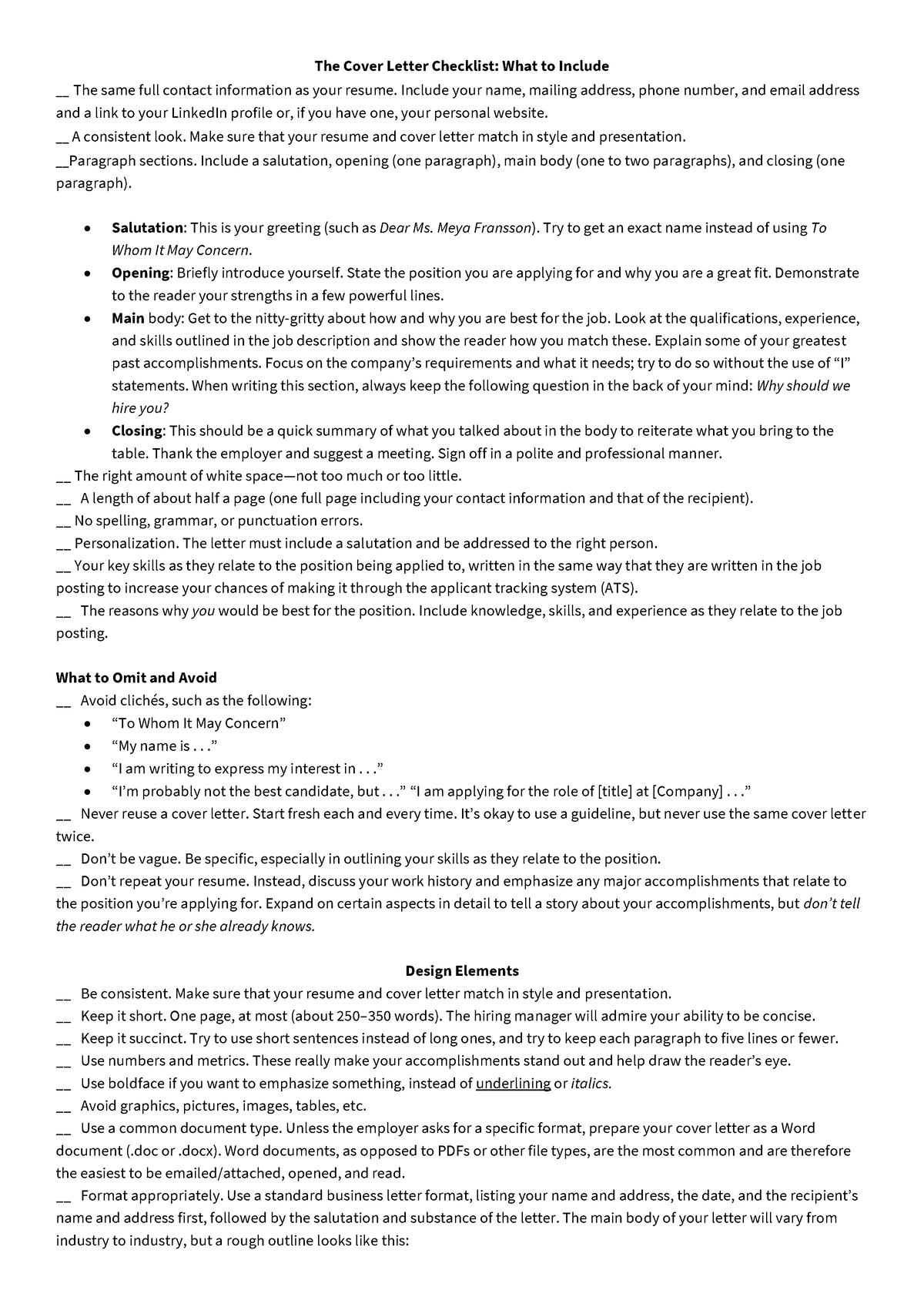 Cover letter and resume checklist - The Cover Letter Checklist: What to ...