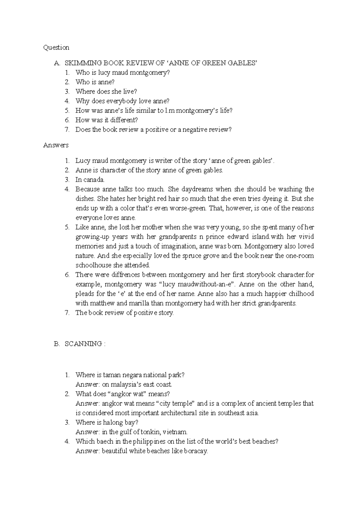 Skimming AND Scanning Question A. SKIMMING BOOK REVIEW OF ‘ANNE OF