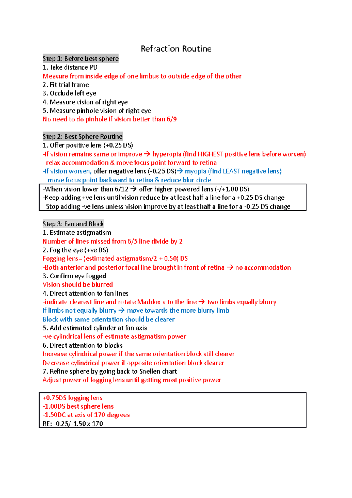 Refraction Routine - Refraction Routine Step 1: Before best sphere Take ...