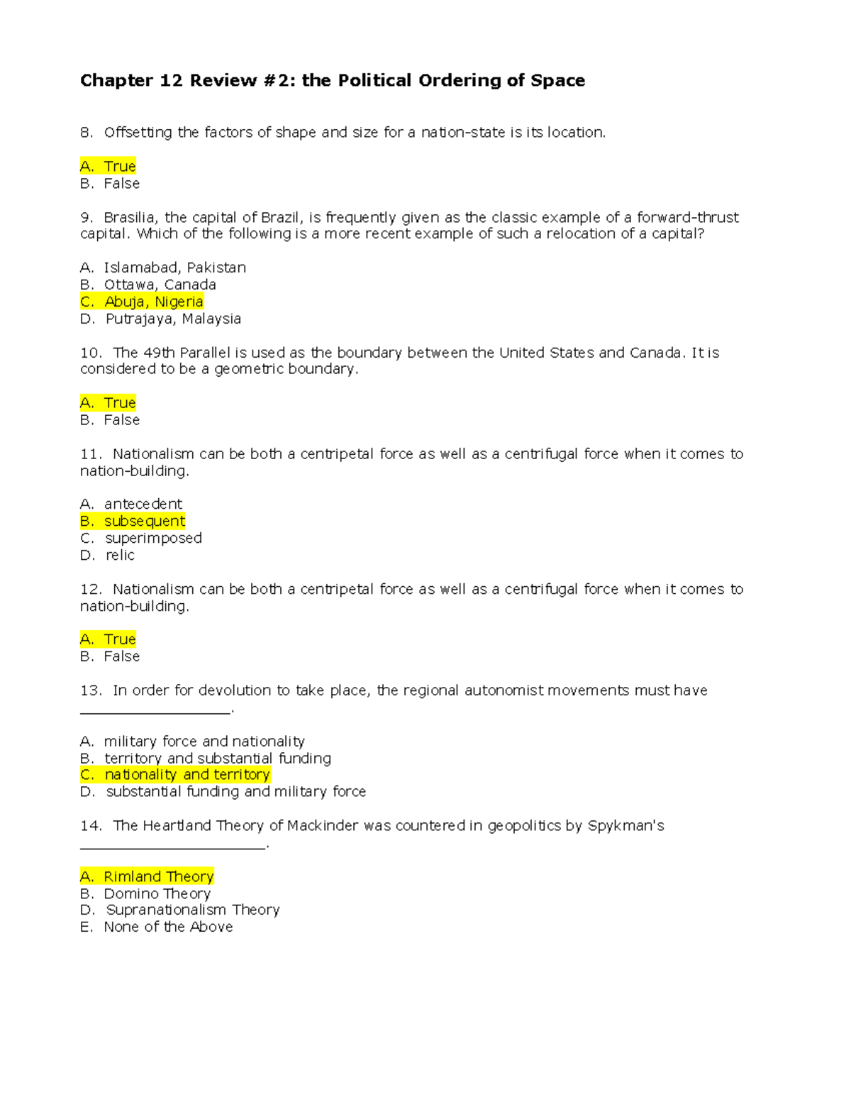 Chapter 12 Review 2 - Chapter 12 Review #2: the Political Ordering of ...