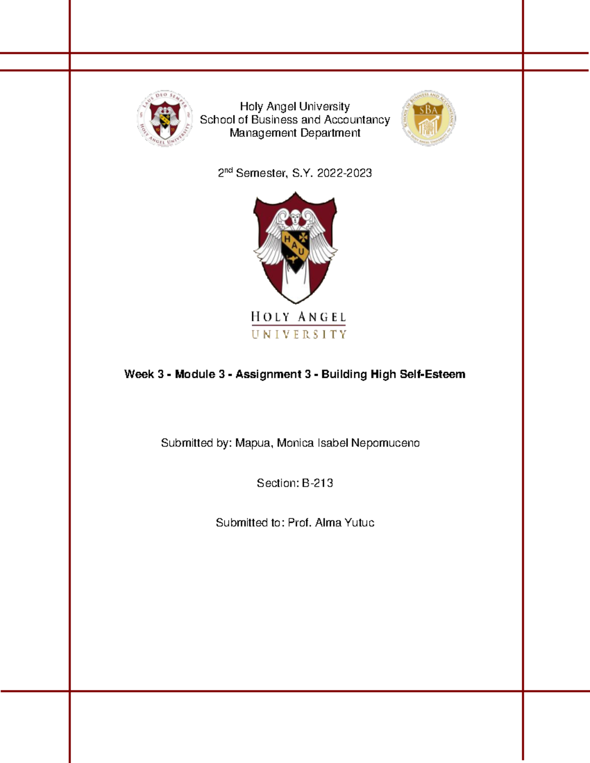 Assignment 3 homework Holy Angel University School of Business and