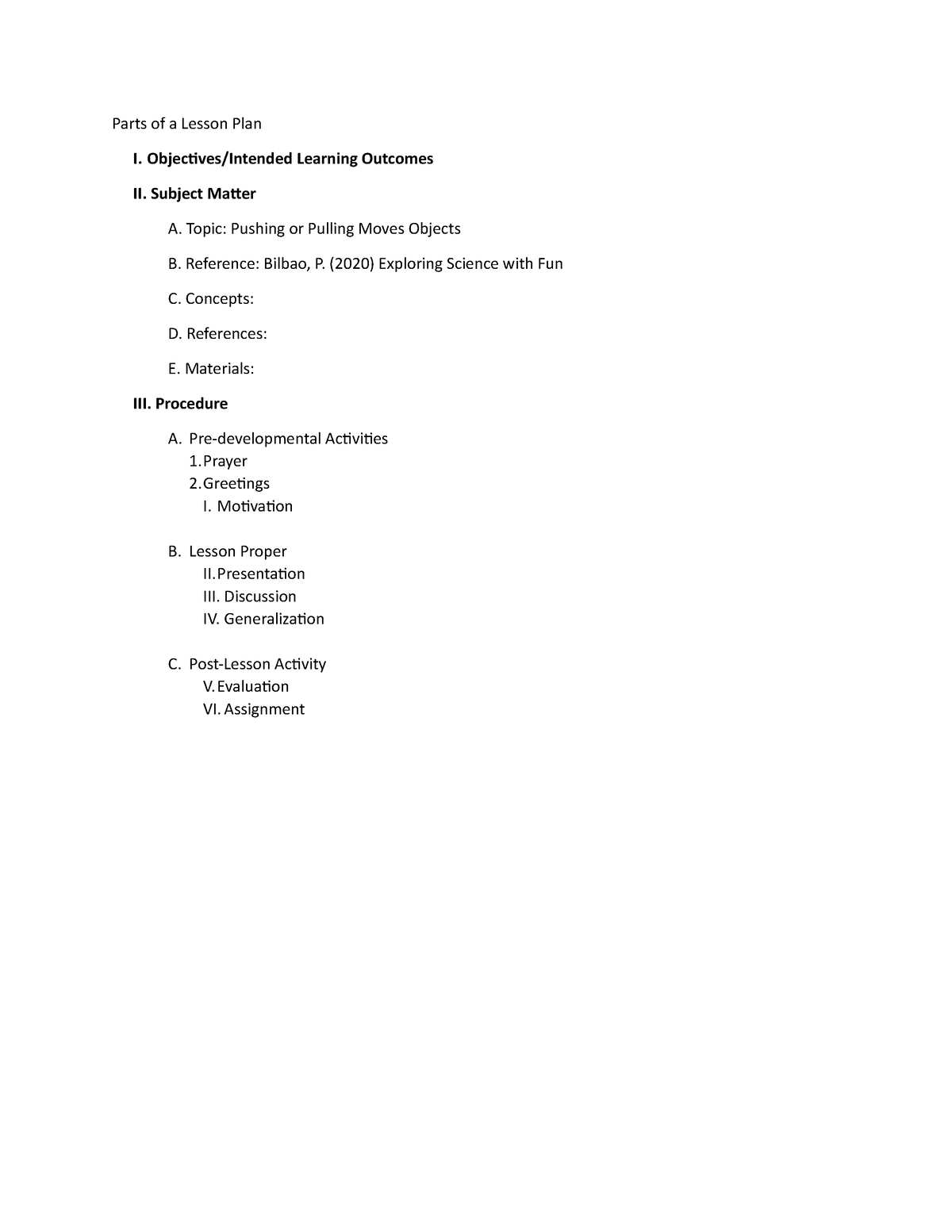 Educ 106 Lesson Plan Parts Of A Lesson Plan I Objectives Intended 