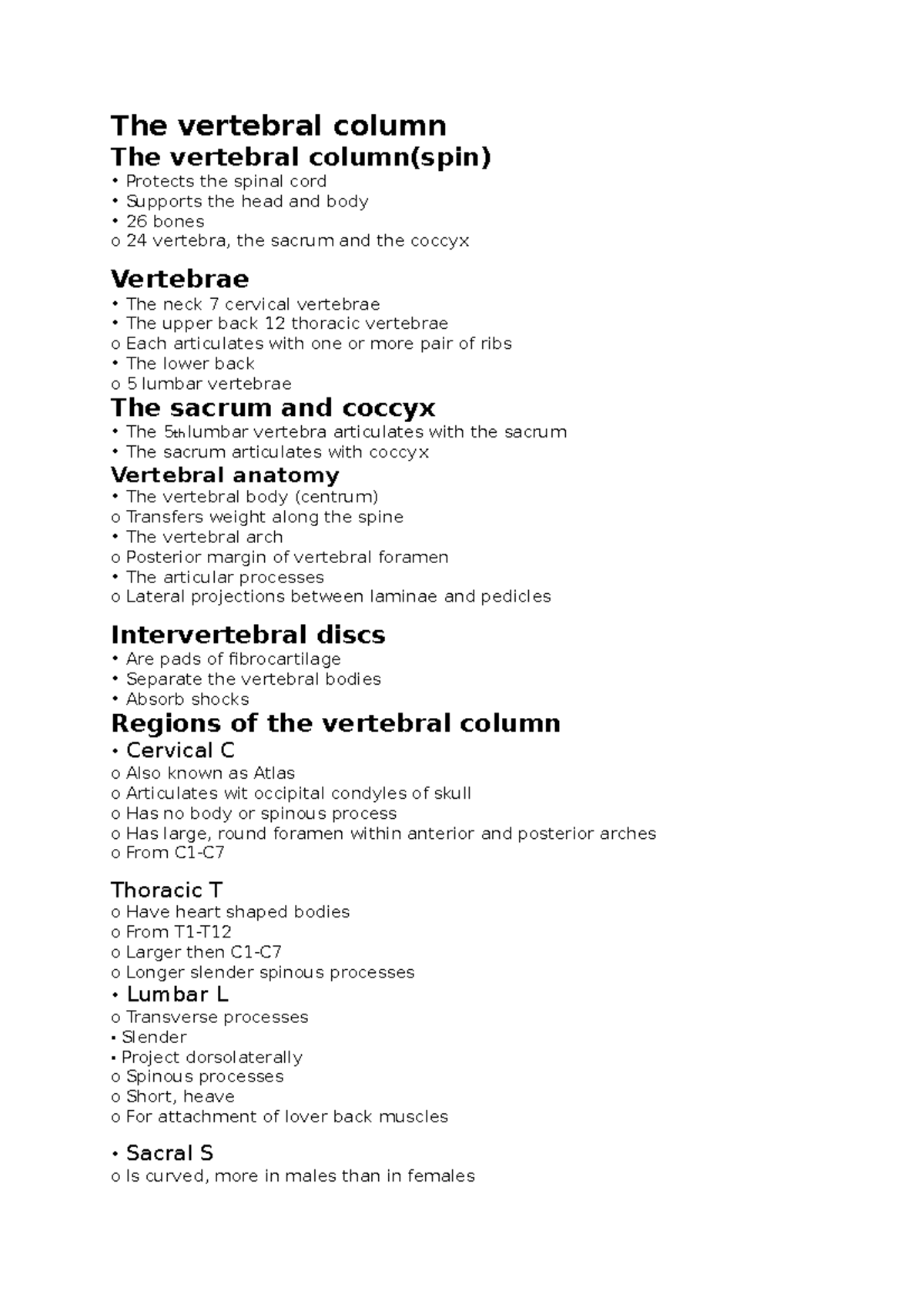 The vertebral column - Lecture notes Anatomy - The vertebral column The ...