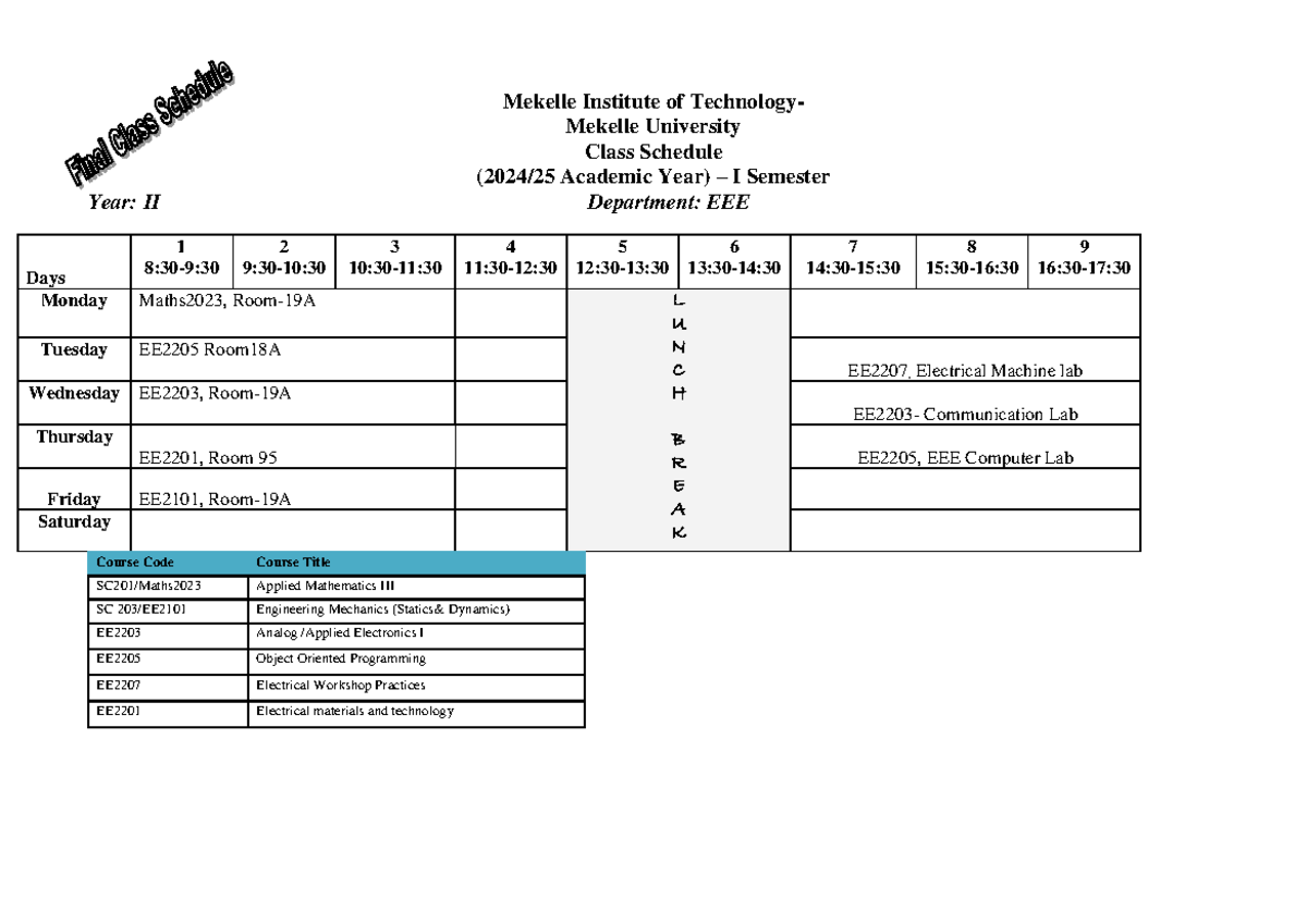 All Department Final Class schedule Semester I 2017 - Mekelle Institute ...