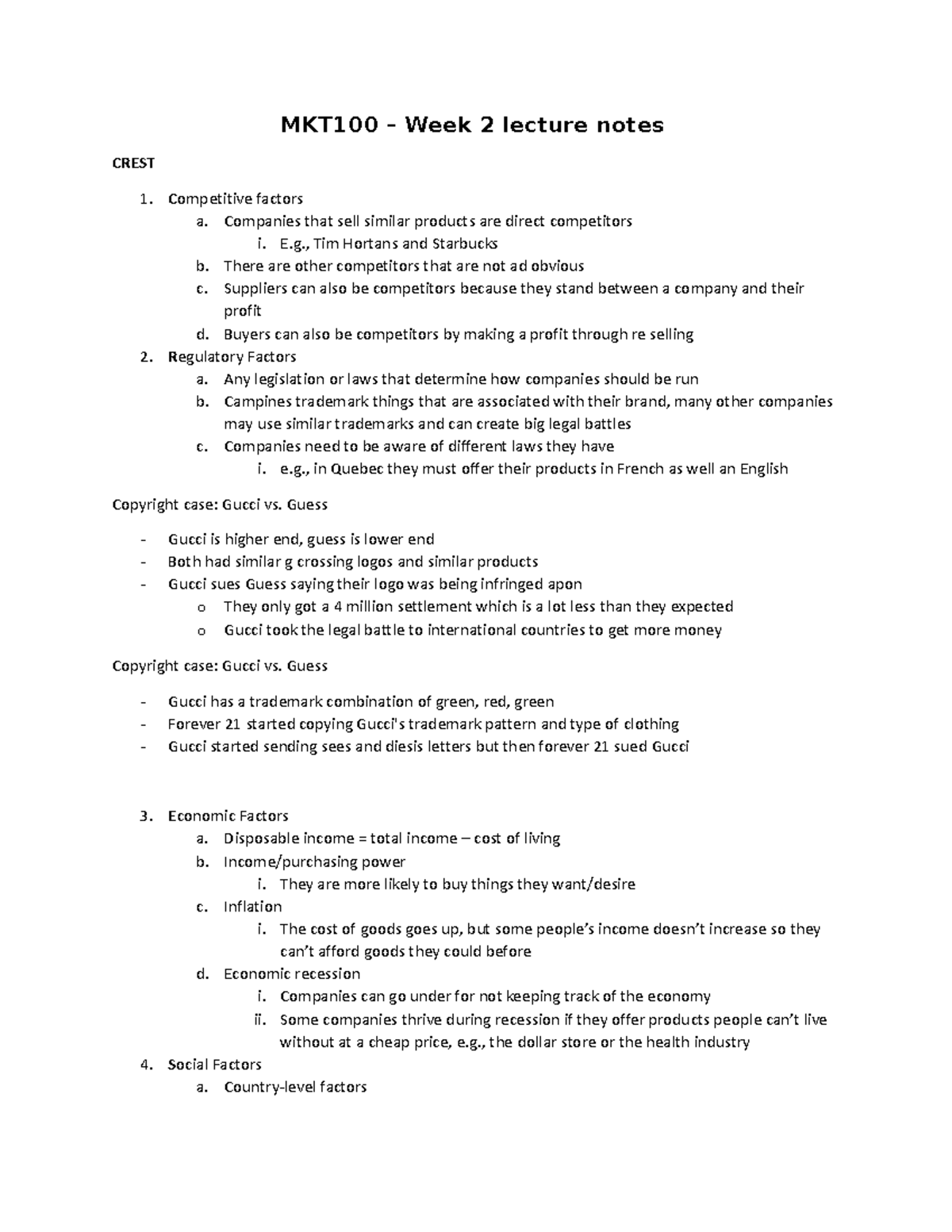 MKT100 - Week 2 notes - MKT100 – Week 2 lecture notes CREST Competitive ...