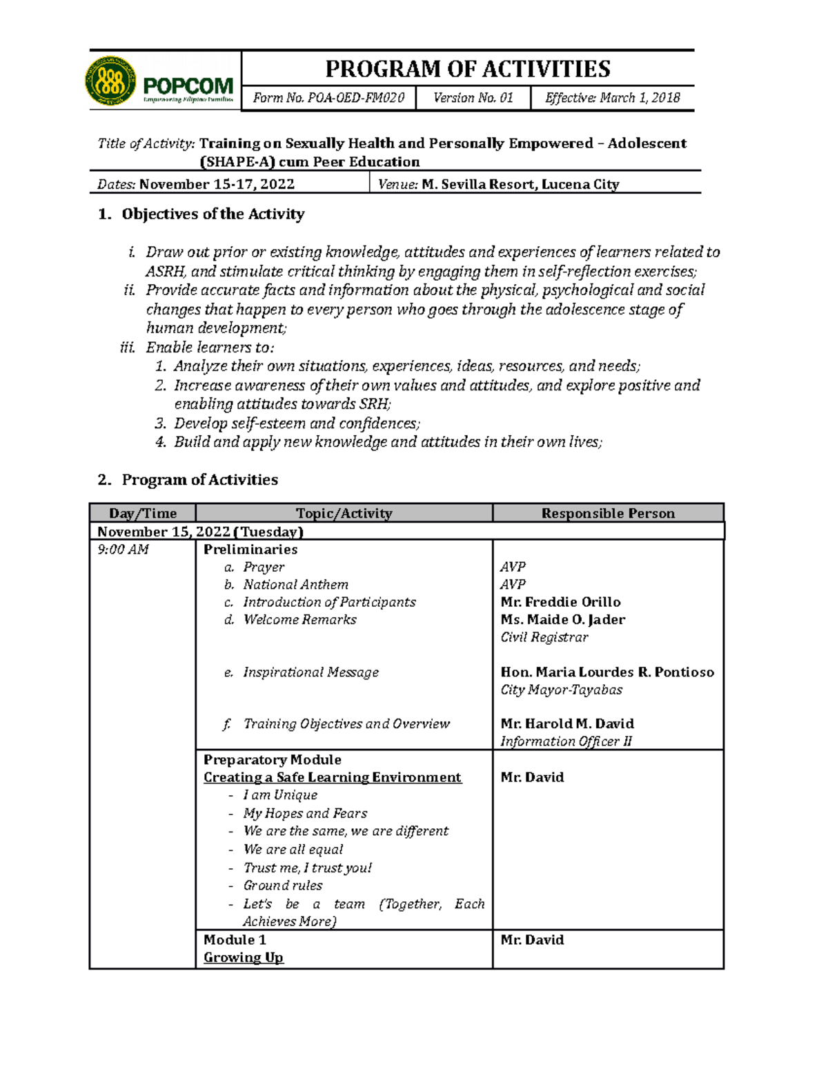 Program of Activities Shape Training - PROGRAM OF ACTIVITIES Form No ...