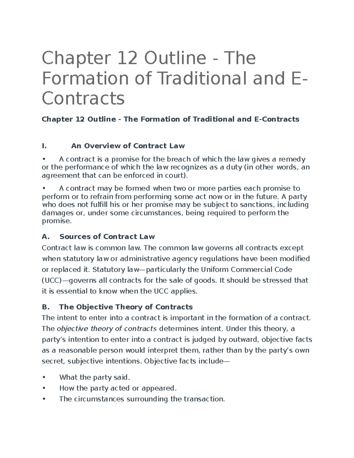 Chapter 12 Outline - The Formation Of Traditional And E-Contracts - An ...