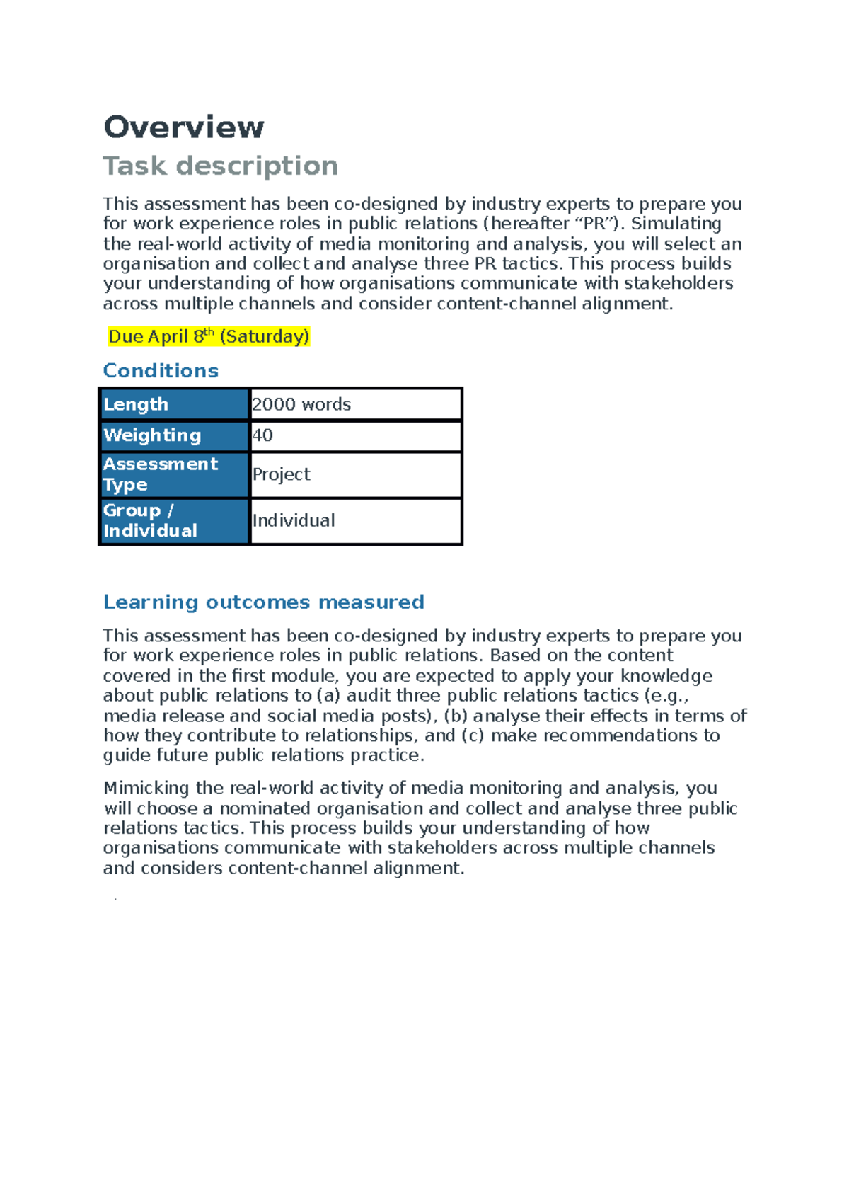 Assessment 1- PR Audit- Details - Overview Task description This ...