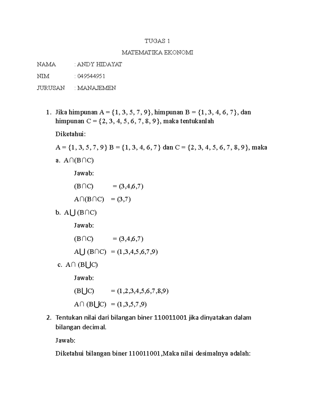 Tugas 1 Matematika Ekonomi - TUGAS 1 MATEMATIKA EKONOMI NAMA : ANDY ...