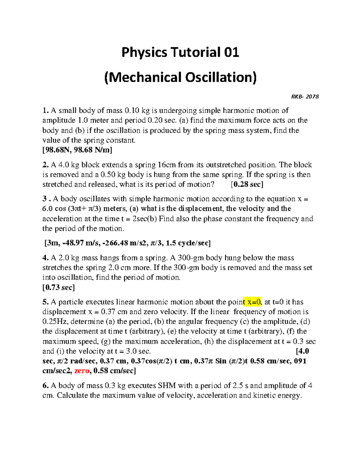 Physics Assignment (Mechanical Oscillation-SHM)) - Physics Tutorial 01 ...