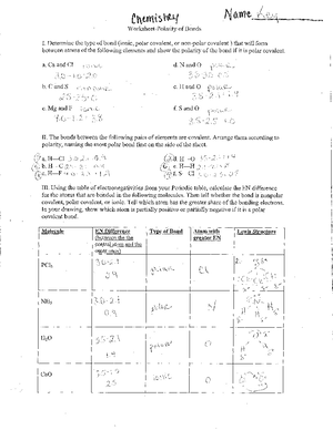 Worksheet polarity of bonds worksheet - a. Ca and Cl 0 cm L 3,o - i2o b. C  and S kpoisme__, c. Mg - Studocu