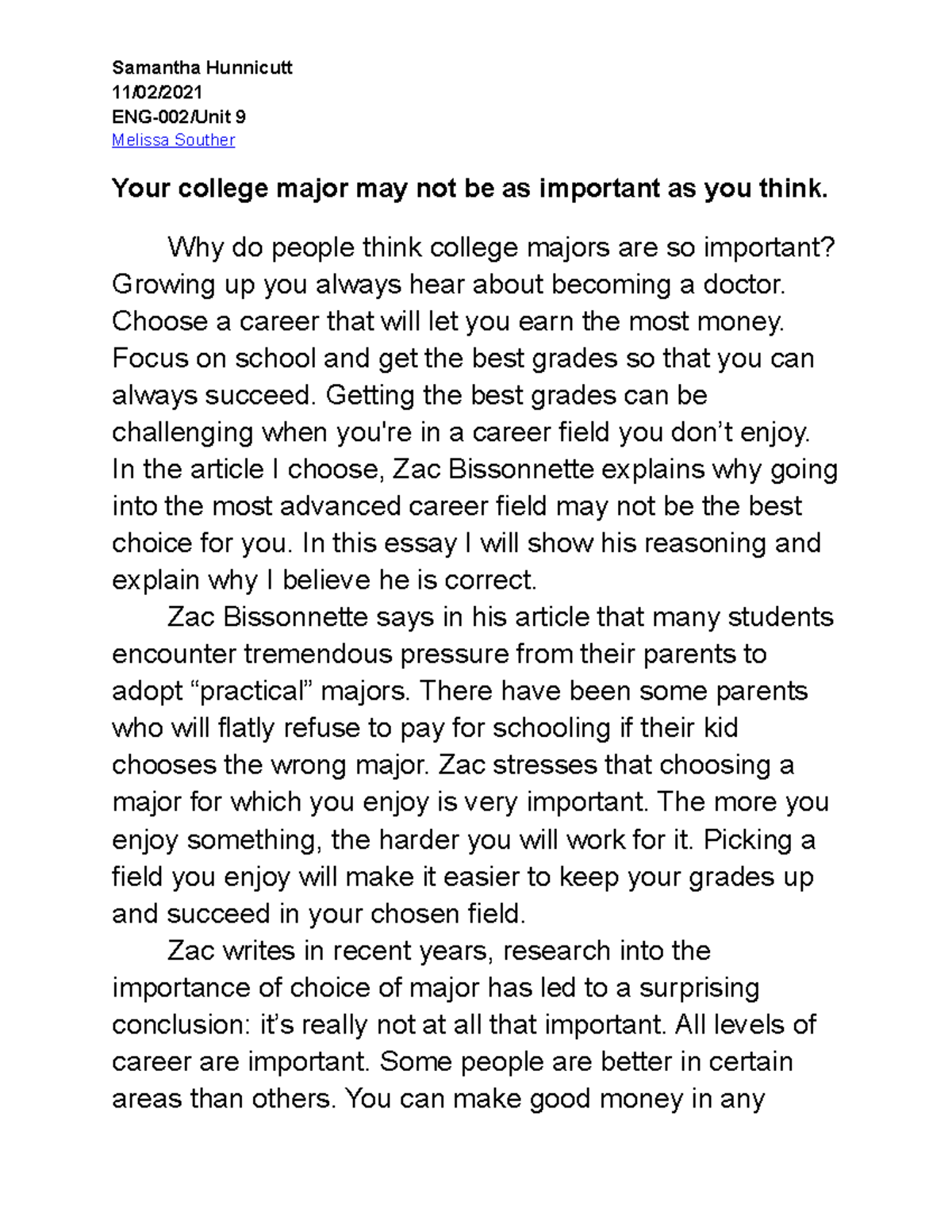 choosing a college major essay