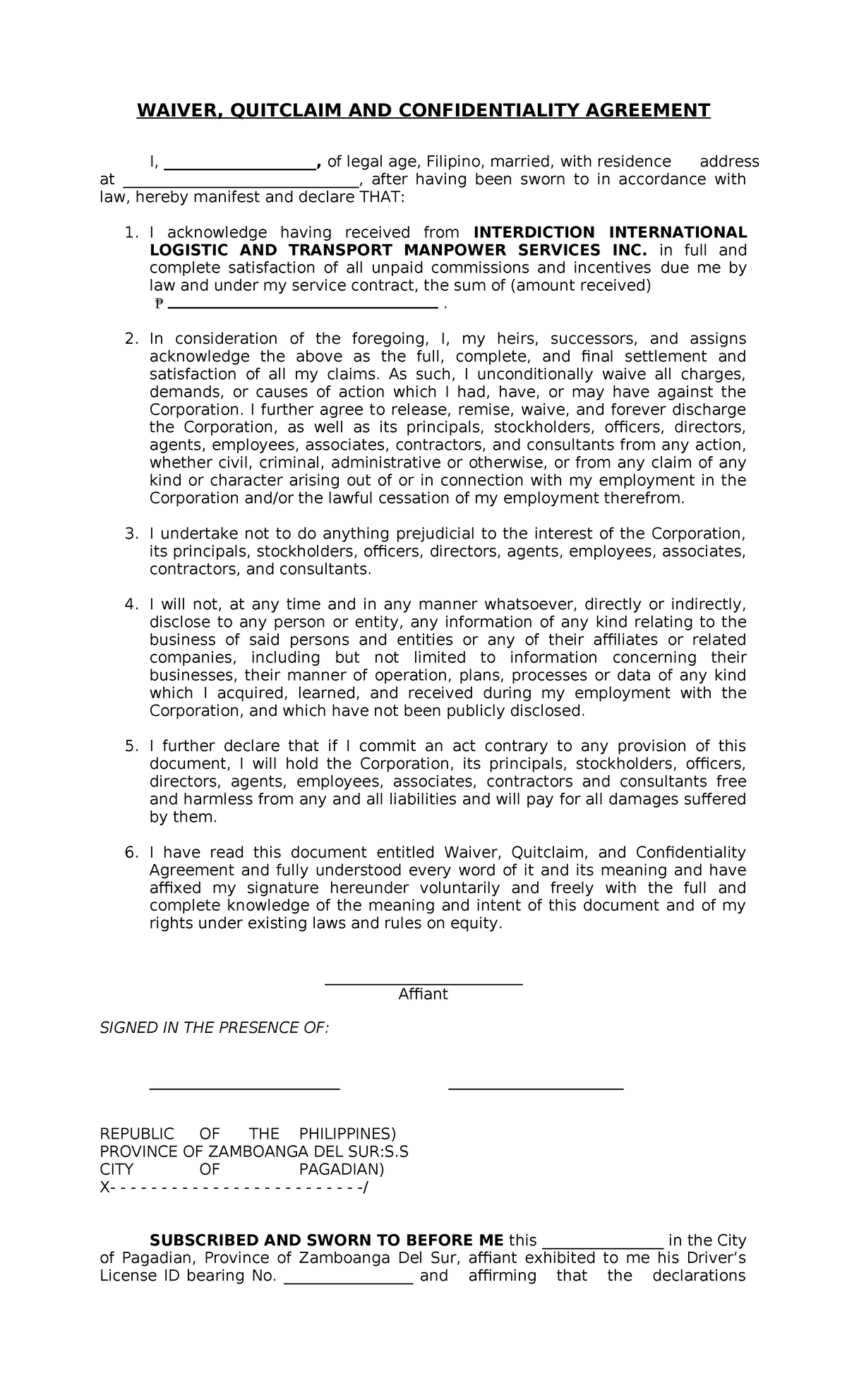 Quitclaim sample - WAIVER, QUITCLAIM AND CONFIDENTIALITY AGREEMENT I