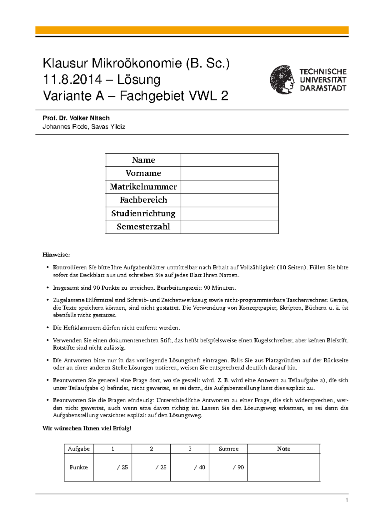 Klausur 11 März, Antworten - Klausur (B. Sc.) 11.8 Variante A ...