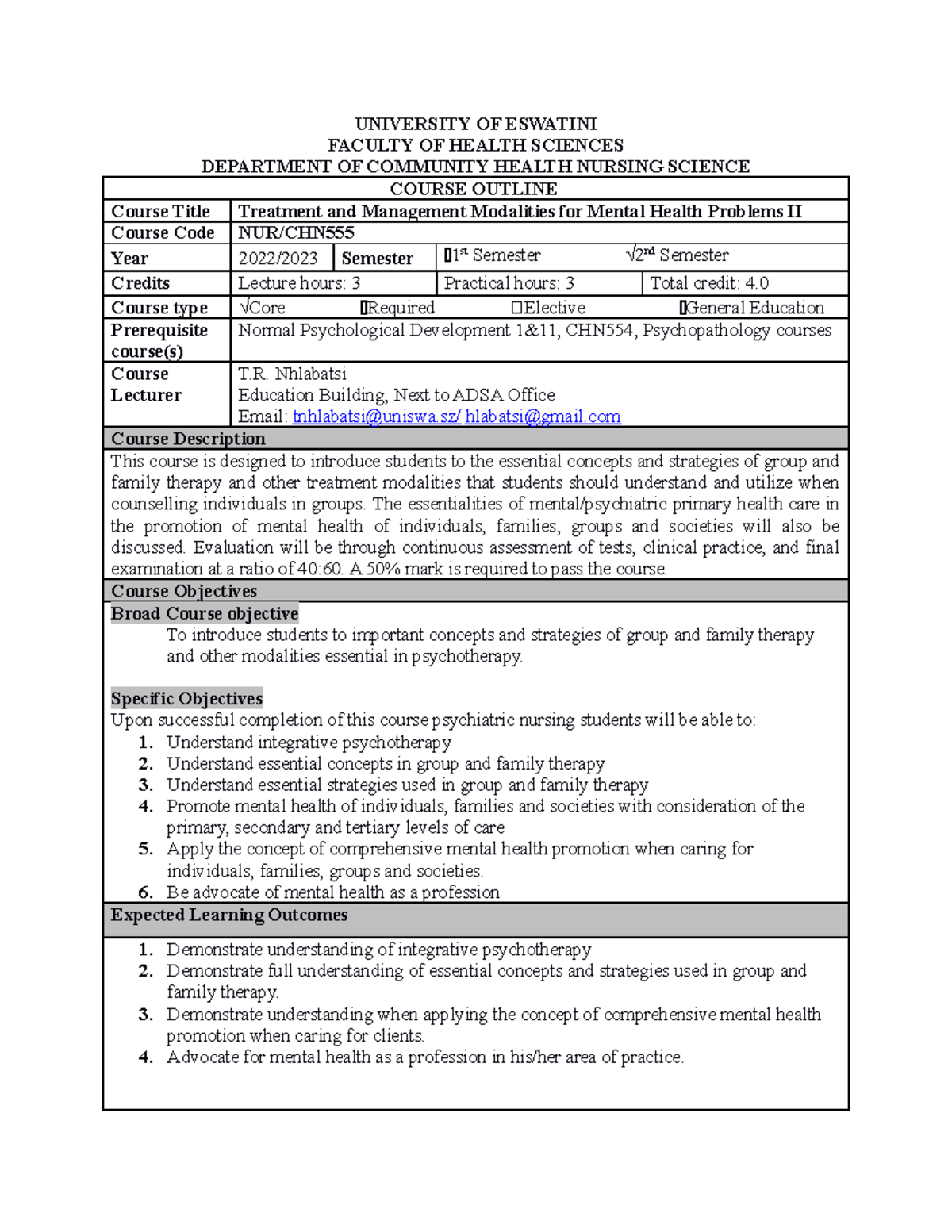 NUR555 Course Outline - community - UNIVERSITY OF ESWATINI FACULTY OF ...