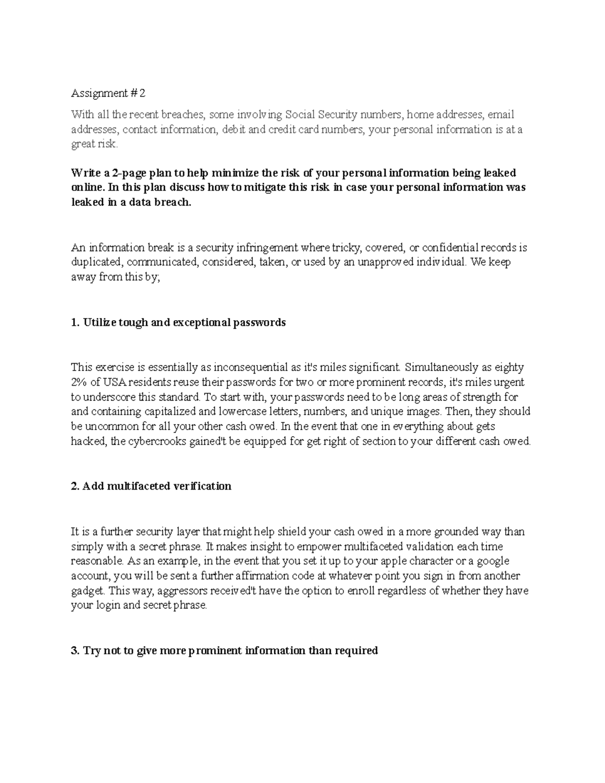 Assignment 2 done - Assignment # 2 With all the recent breaches, some ...