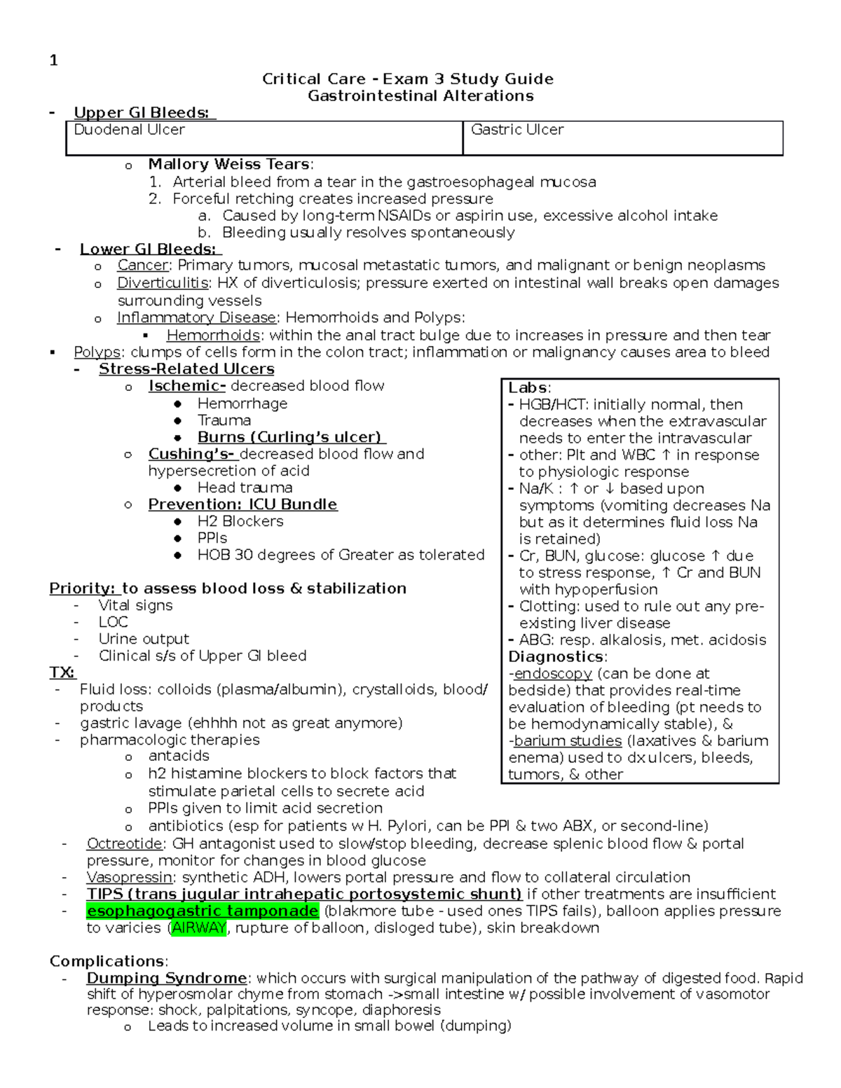 CC - Exam 3 Study Guide - Critical Care - Exam 3 Study Guide ...