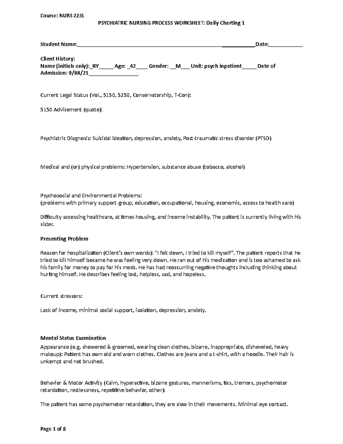 psychiatric nursing process worksheet