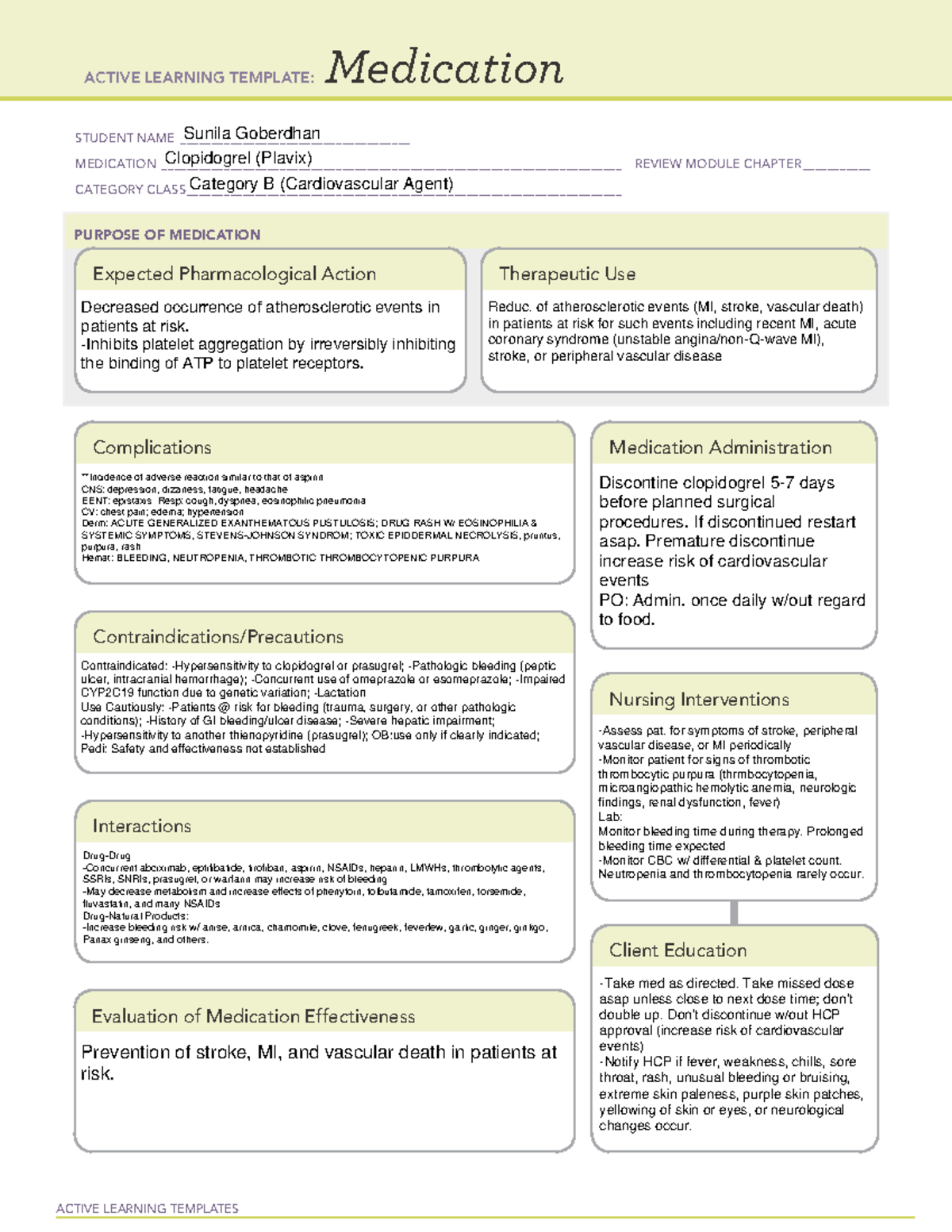 Clopidogrel - p[ractice - ACTIVE LEARNING TEMPLATES Medication STUDENT ...