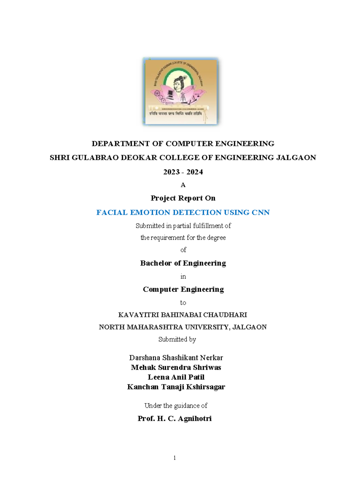 Project Report 1 - DEPARTMENT OF COMPUTER ENGINEERING SHRI GULABRAO ...