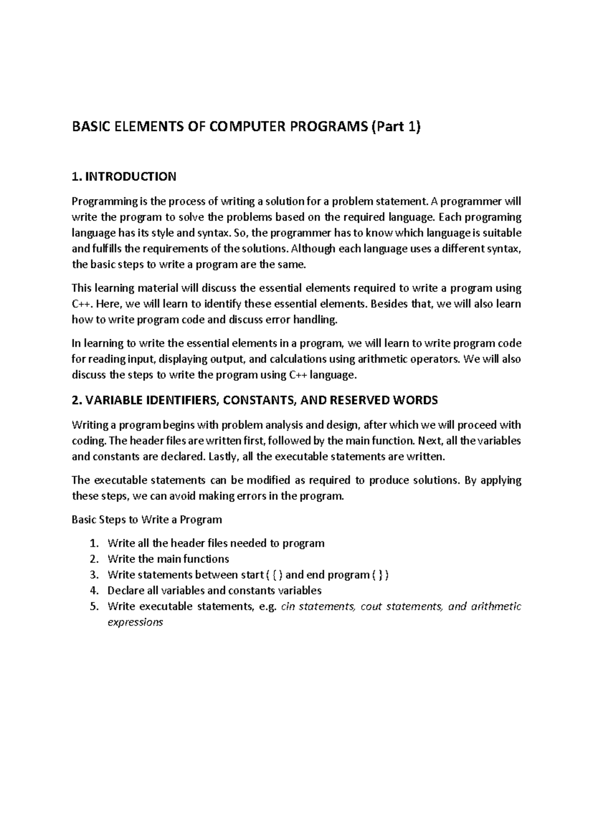 Electrical engineering - BASIC ELEMENTS OF COMPUTER PROGRAMS (Part 1) 1 ...